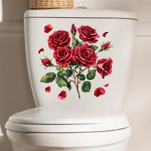 Self-adhesive red rose wall stickers on a white toilet tank for bathroom decoration