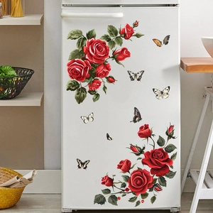 Self-adhesive red rose flowers and butterfly wall stickers for home decoration