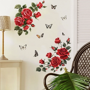 Elegant red rose floral wall decals with butterflies for living room home decor