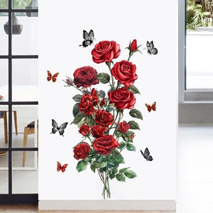 Adesivo da Parete Rosa Rossa Vite Fiori e Farfalle PVC Autoadesivo Impermeabile Floreale per Soggiorno Camera da Letto Casa
