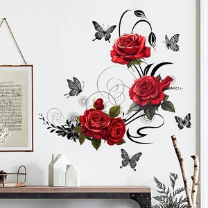 Elegant self-adhesive red rose and black butterfly wall sticker for living room decor