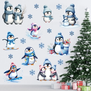 Self-adhesive waterproof penguin and snowflake wall stickers for Christmas home decoration