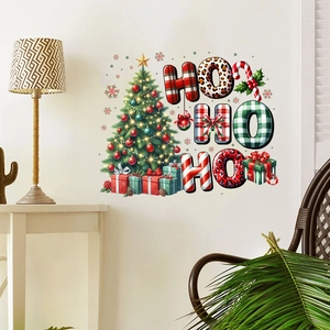 Detailed Christmas tree wall decal featuring festive plaid HO HO HO letters and gift boxes