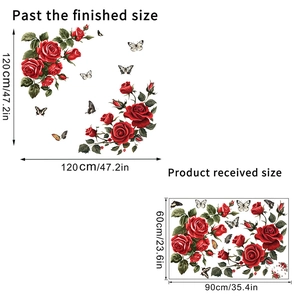 Red rose and butterfly wall stickers for living room decor with size measurements