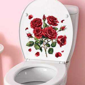 Macro detail of red rose waterproof adhesive wall stickers on a white toilet lid