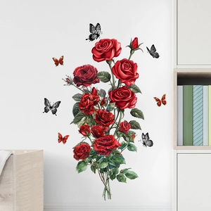 Adesivi murali autoadesivi con rose rosse e farfalle per decorazione soggiorno