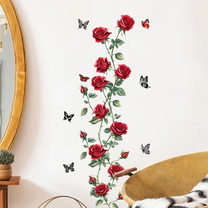 Vertical red rose vine wall stickers with butterflies for modern living room decor