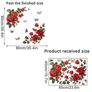 Detail showing 40x60cm sheet layout and 90x90cm floral wall sticker dimensions