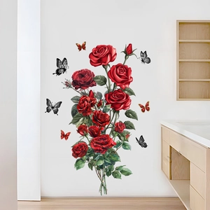 Adesivo murale 3D impermeabile con rampicanti di rose rosse e farfalle volanti