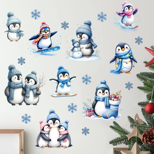 Winter penguin wall stickers with snowflakes for kids room christmas home decoration
