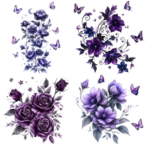 Waterproof purple flower and butterfly wall stickers with elegant vine motifs and roses
