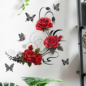 Self-adhesive red rose and butterfly wall sticker for elegant home living room decor