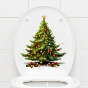 Close-up of a festive Christmas tree toilet lid decal with colorful ornaments and gifts