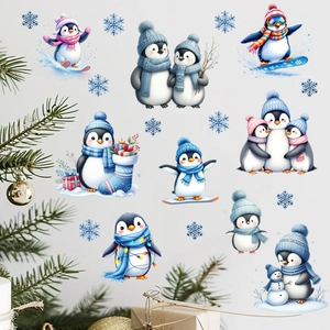 Detail of waterproof Christmas penguin wall decals with skiing and snowman cartoon themes