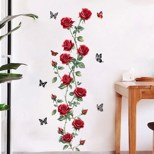 Waterproof wall stickers featuring red rose vine and butterflies for home decoration