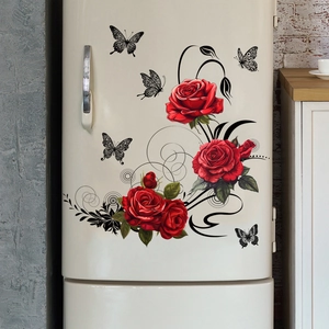 Detail of red rose floral wall stickers with black butterflies on a white refrigerator