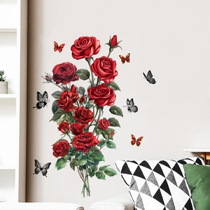 Adesivi murali con rose rosse e farfalle per decorare la parete del soggiorno