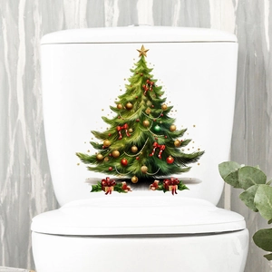 Detailed Christmas tree decal with ornaments and gift boxes on a white toilet tank