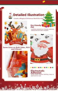Close-up of waterproof PVC Christmas window clings with Santa Claus and reindeer graphics