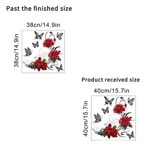 Waterproof red rose and black butterfly wall sticker set with vine patterns and size details