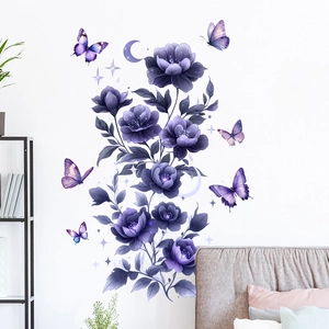 Detailed view of purple floral vine and butterfly wall stickers in a cozy bedroom setting
