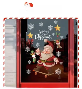 Close-up of Merry Christmas window decals with Santa on a skateboard and snowflakes