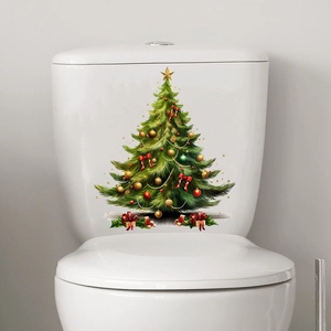 Close-up of waterproof PVC Christmas tree wall sticker with ornaments on ceramic surface