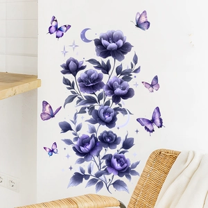 Detail of purple flower and butterfly wall stickers on a white wall in a living room