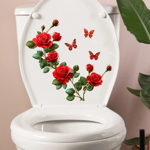 Macro detail of red rose and butterfly waterproof stickers on a white toilet lid