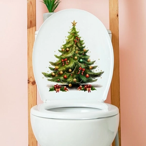 Festive Christmas tree toilet lid decal with colorful ornaments and gifts on white seat