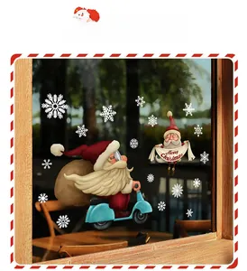 Static Christmas stickers with Santa on motorcycle and snowflakes on glass window