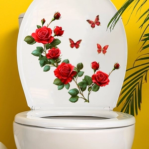 Red rose and butterfly waterproof self-adhesive wall stickers applied on a white toilet lid