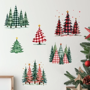 Christmas plaid pine tree wall stickers with watercolor patterns for holiday home decoration