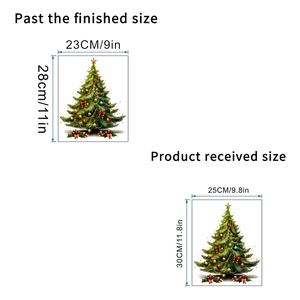 Detail of Christmas tree wall sticker dimensions with festive ornaments and gift boxes