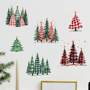 Christmas wall stickers featuring plaid pine trees and stars for festive home decoration