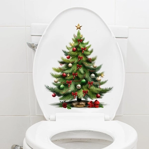 Christmas tree toilet lid wall sticker with festive red ornaments and gold star decor
