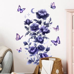 Elegant purple floral and butterfly wall stickers applied on a white living room wall