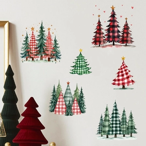 Detail of plaid Christmas tree wall stickers with watercolor patterns and stars decoration