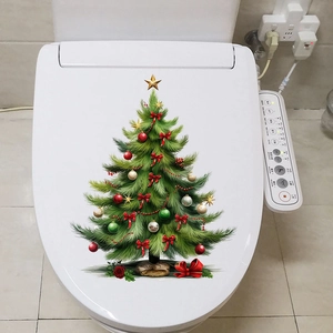 Detail of waterproof Christmas tree wall decal applied to a modern white toilet lid cover