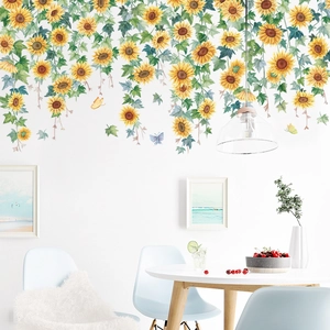 Stickers muraux tournesols aquarelle avec feuilles vertes et papillons décor maison