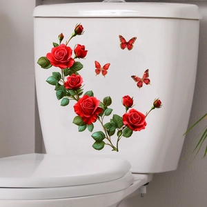Detail of red rose and butterfly waterproof wall decals on a white bathroom surface