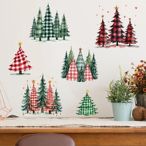 Christmas buffalo plaid pine tree wall stickers for holiday home window decoration