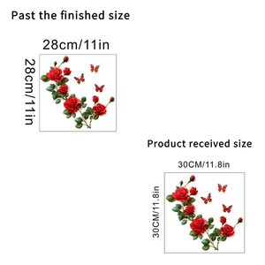 Detailed size chart showing red rose butterfly wall sticker dimensions 30x30cm and 28x28cm