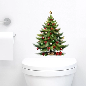 Detailed Christmas tree wall sticker with red bows and gold stars on a white background
