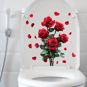 Detail of red rose floral self-adhesive waterproof stickers on white ceramic toilet lid