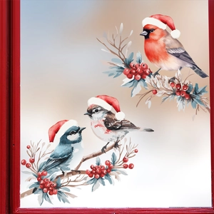 Stickers de Noël pour fenêtres avec oiseaux en bonnet de Père Noël et baies rouges d'hiver