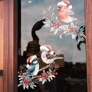 Stickers électrostatiques de Noël avec oiseaux et bonnets de Père Noël sur vitre