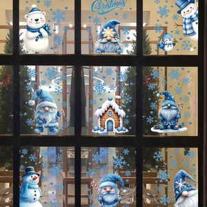 Blue and white Christmas window static clings featuring gnomes polar bears and snowflakes