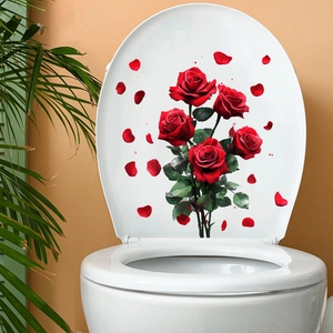 Detailed view of red rose floral self-adhesive waterproof stickers on a white toilet lid