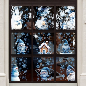 Blue Christmas window clings set with gnomes, polar bear and Merry Christmas text